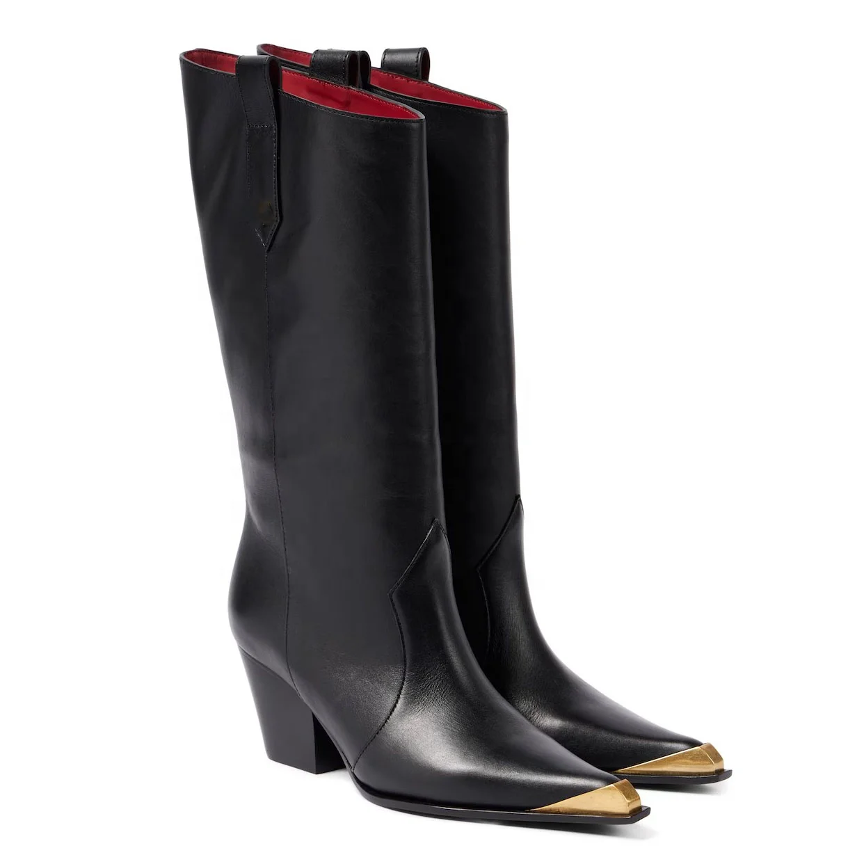 Winter Boots Fashion Luxury Black Leather Red Lining Steel Toe Wedge Boots For Woman