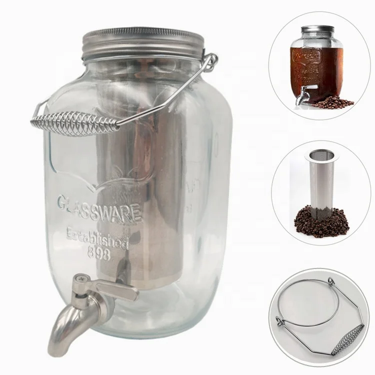 1 Gallon Stainless Steel Handle Hanging Tea Drink Glass Mason Jar Cold Brew Coffee Maker Pitcher Beverage Dispenser with Filter