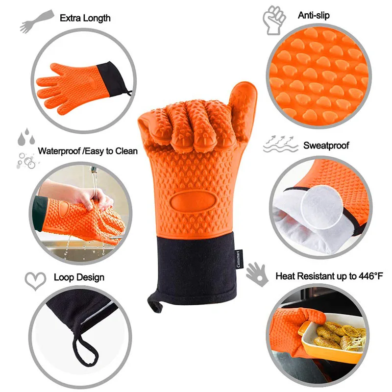 Heat Resistant Silicone Grilling Gloves Long Waterproof BBQ Kitchen Oven Mitts with Inner Cotton Layer for Barbecue