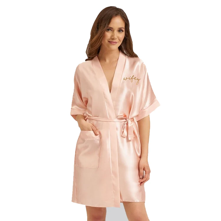 personalized embroidered kimono silk robe long sleeves satin robe for women