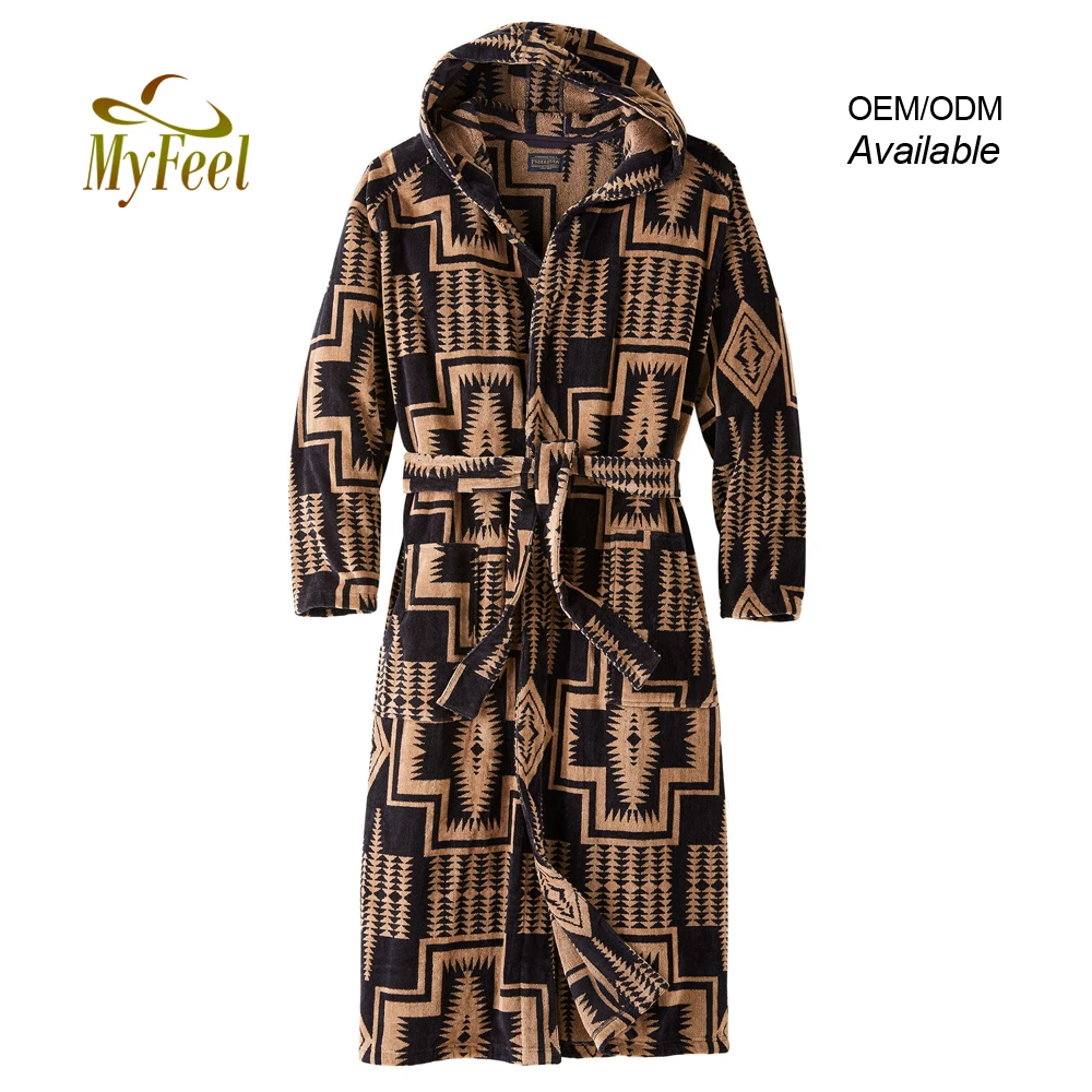 
 Мужской Жаккардовый халат с воротником-капюшоном и поясом для селфи, махровый банный халат с рукавами реглан и двумя карманами  