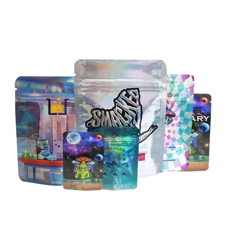 Custom Printed 3.5g 7g 14g 28g Edibles Packaging Holographic Resealable Smell Proof Stand Up Pouch ZipLock Mylar Bags
