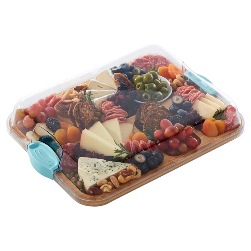 Bamboo serving plate with  Compartments and Clear Locking Lid with Blue Handles, Charcuterie plate 11x14 Inches