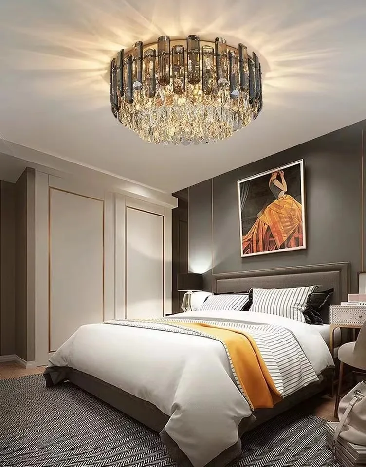 Light luxury crystal ceiling light with double-sided stainless steel base+K9 crystal modern minimalist indoor main light