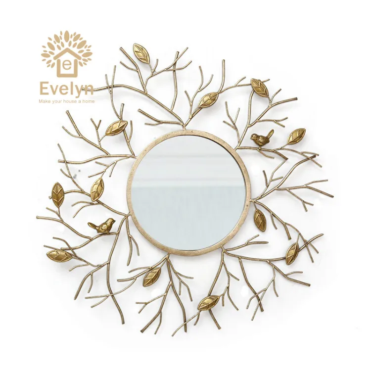 Large big house metal bird hanging hook round iron wrought wall mirror decoration art for living room