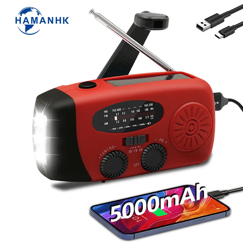 Weather Radio Solar Powered AM WB FM Radio 2000mAh Camping Portable Emergency Hand Crank Radio Emergency