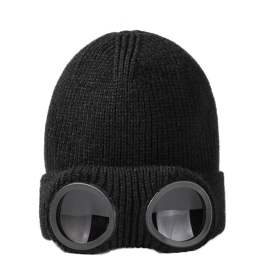 Winter Knit Hats Warm Sunglasses Knitted Cap Unisex Ski Cycling Sports Beanie Hats With Glasses