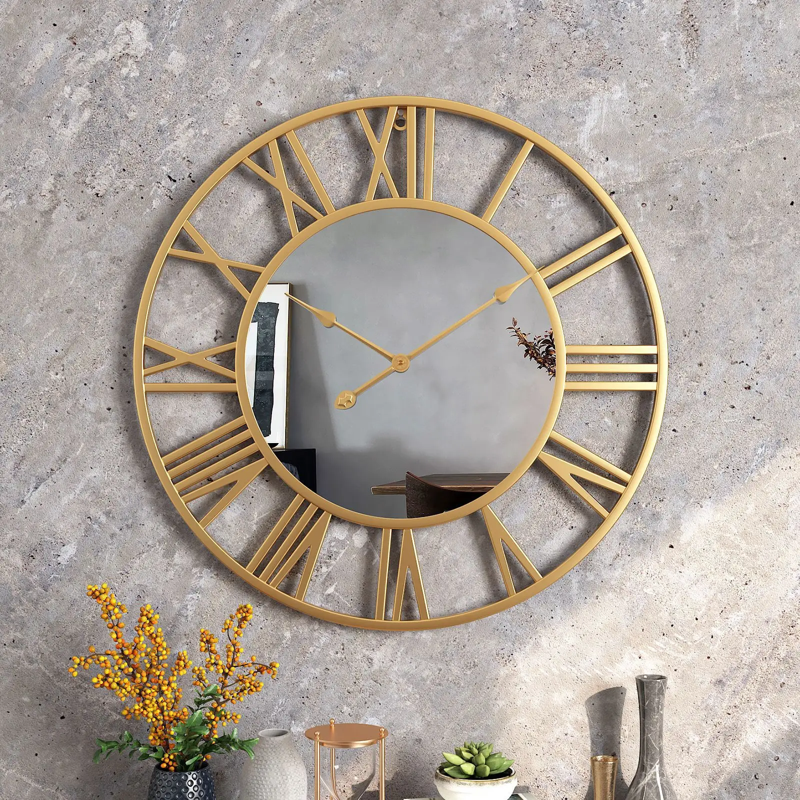 creative circular metal living room and roman numerals mirror wall clock