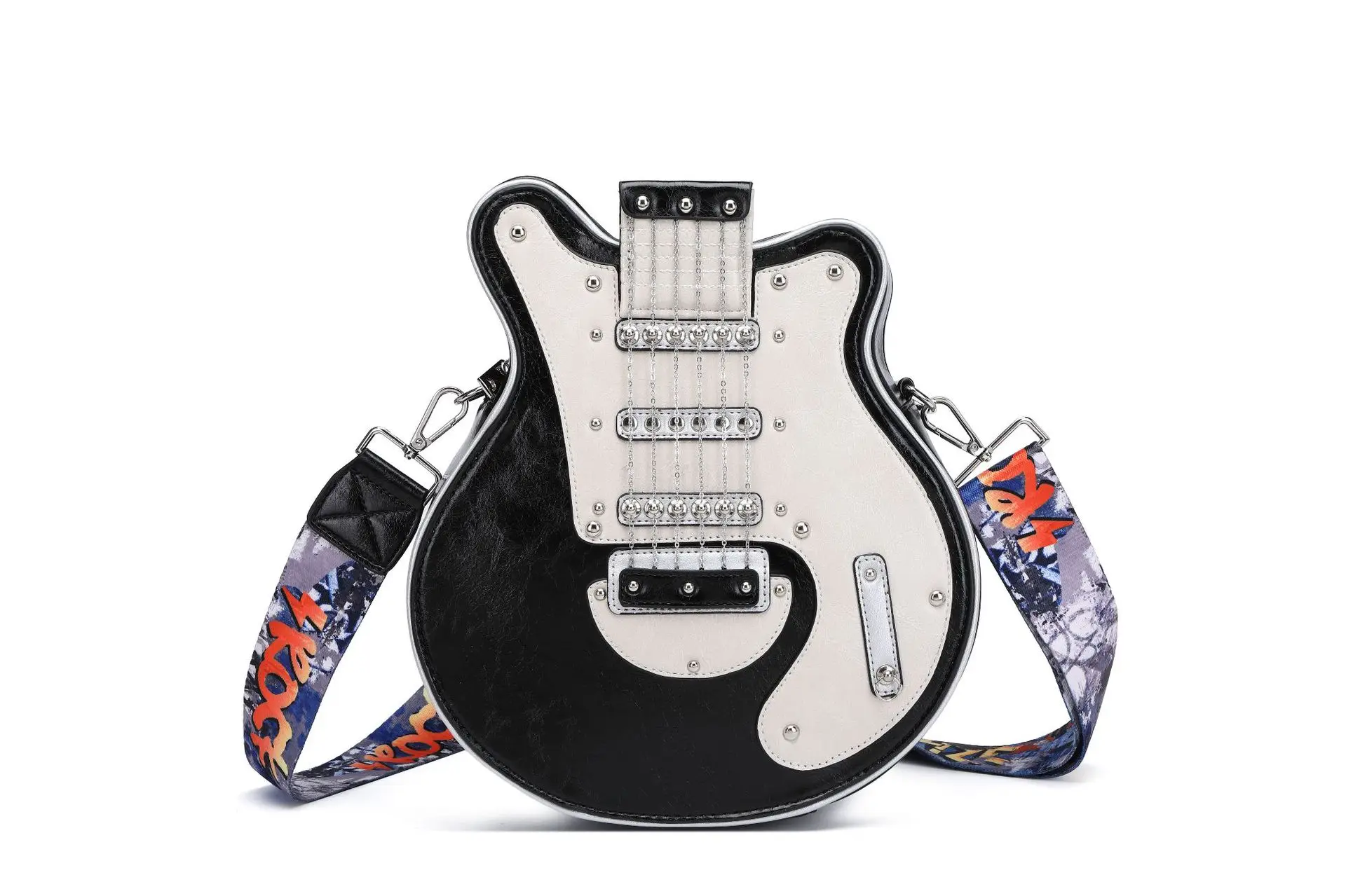 Men Women Music Fashion PU Leather Guitar Shaped Crossbody Bag Punk Unique Novelty Purse Handbag