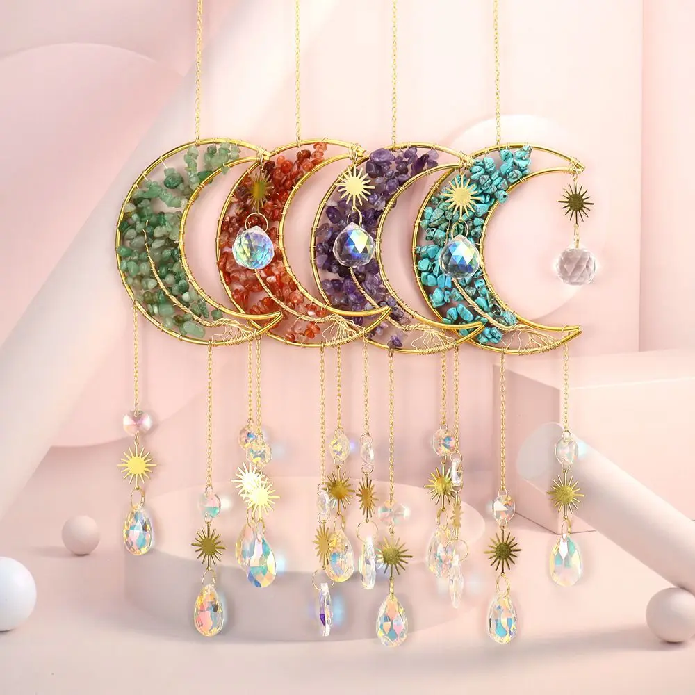 Natural Crystal Crushed Stone Life Tree Moon Sun Catcher Pendant Wind Chime Decoration Pendant Crystal Sun Catcher