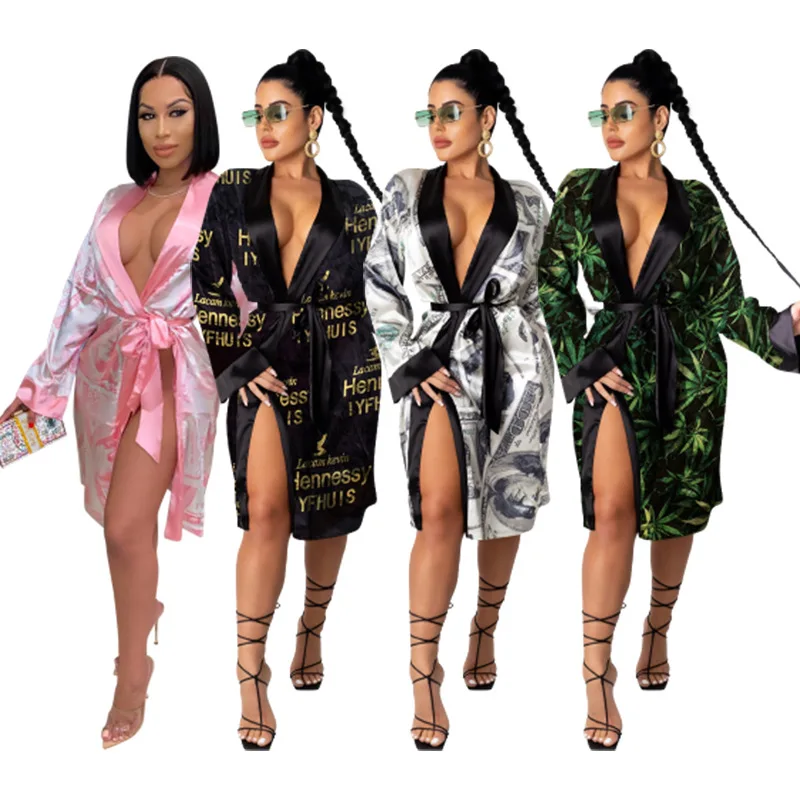 pajamas women set 2022 Long Sleeve Dollars Money Print plus size Satin Silk Robes Kimono Bridesmaid Bride Party Robes Sleepwear