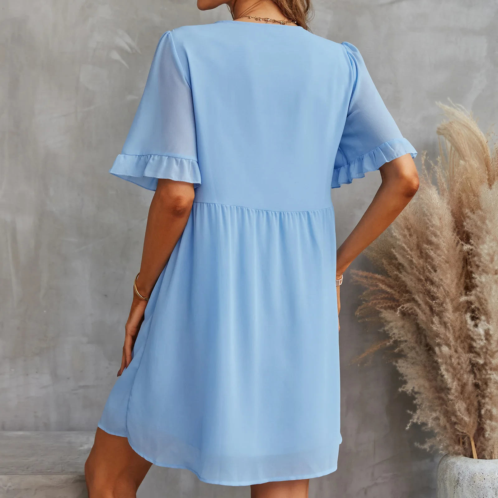 New arrivals V neck solid colour short sleeve chiffon turkey dresses women casual summer dresses for girls