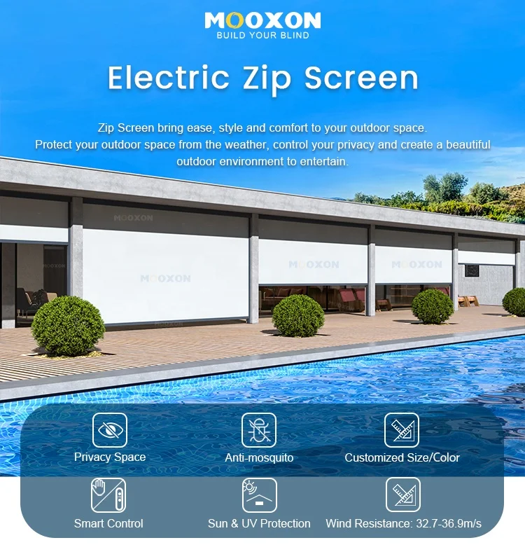 Mooxon Aluminium Motorized Blinds Retractable Curtain Blackout Electric Control System Outdoor Roller Sunshade Roller Blinds