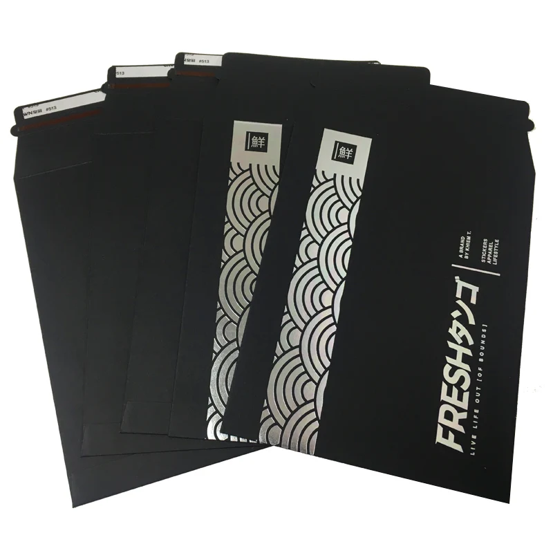 silver glod hot foil stamp logo printed hard cardboard black paper mailer ecommerce packaging custom black envelope
