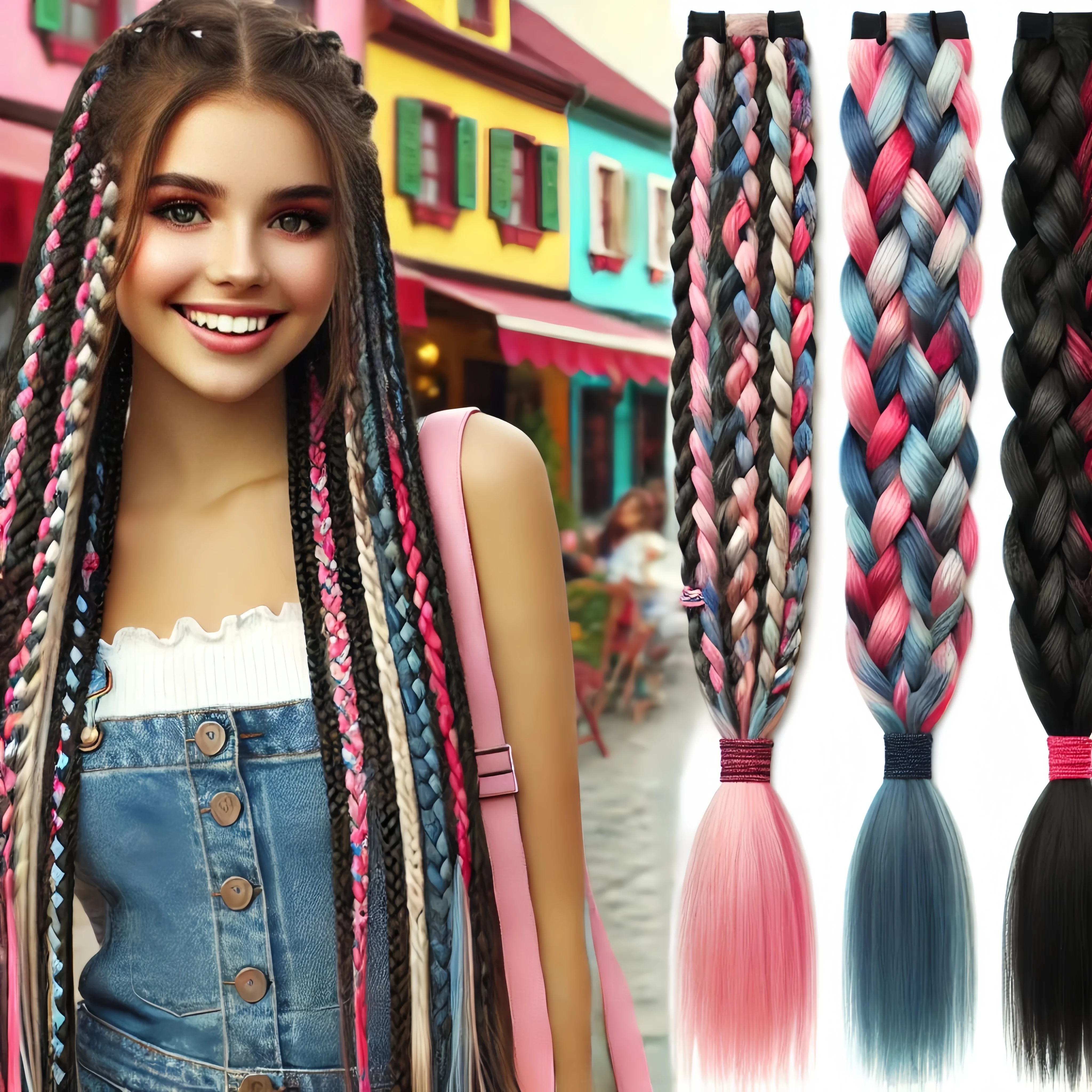 Wholesale Rainbow Braided Synthetic Hairpieces Colored Braids Hair Extensions with Rubber Bands Kids Ponytail Hair Accessories