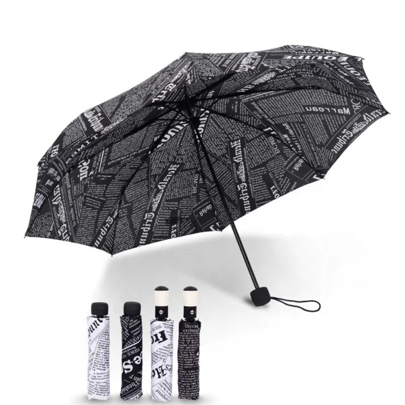 Cheap Price Fashion Customized Gift Newspaper Print 3 Folding Auto Opening Umbrella with PU Leather Handle