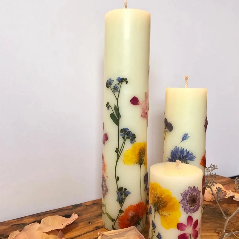 Huaming Luxury Romantic Pink Purple Flower Organic Wax Pillar Candle Set Wedding Long Burning Mixed Size Pillar Candles Scented