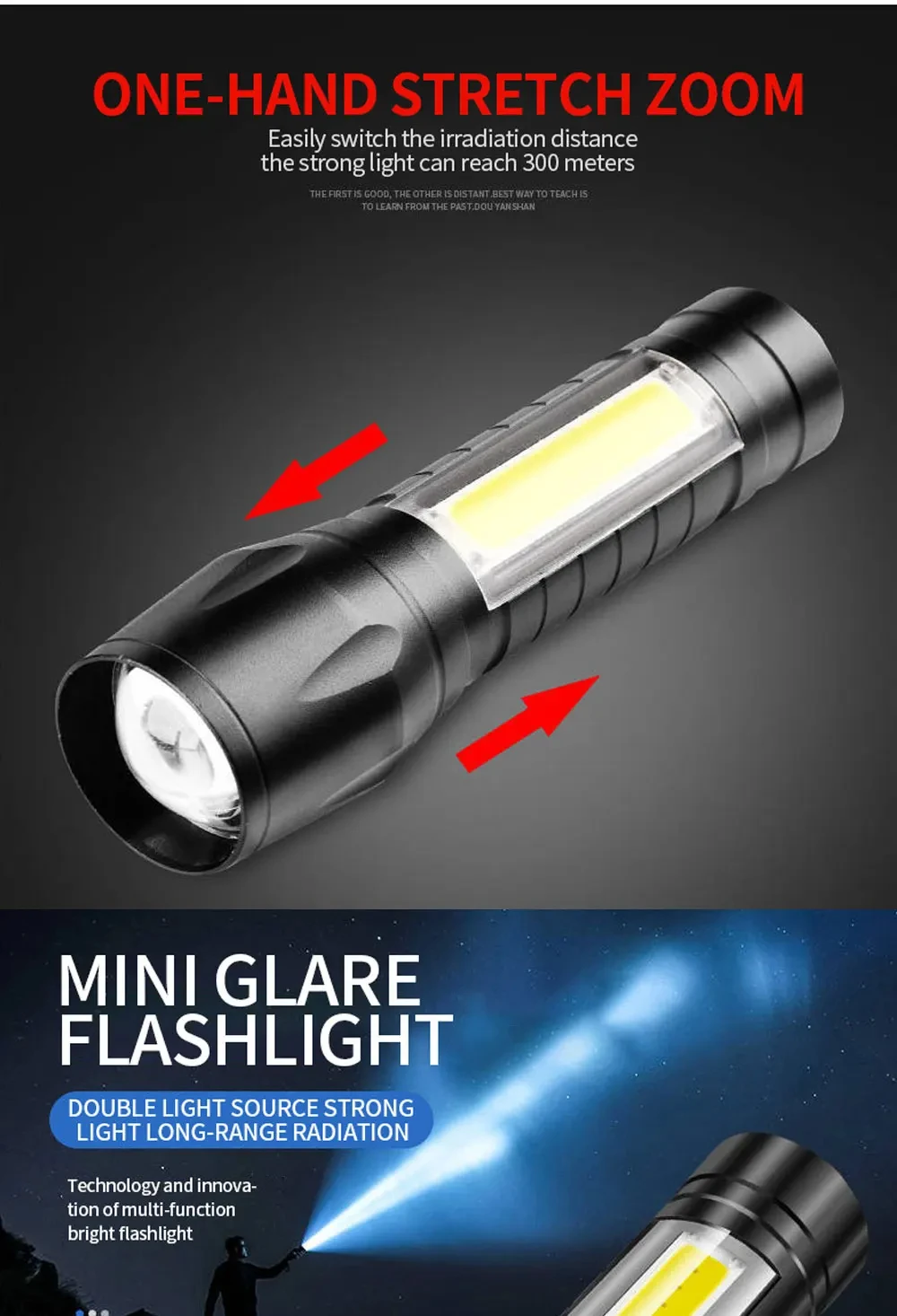 COB XPE Zoom USB Rechargeable Flashlight Portable Waterproof Camping Torch Super Bright LED Tactical Flash lamp