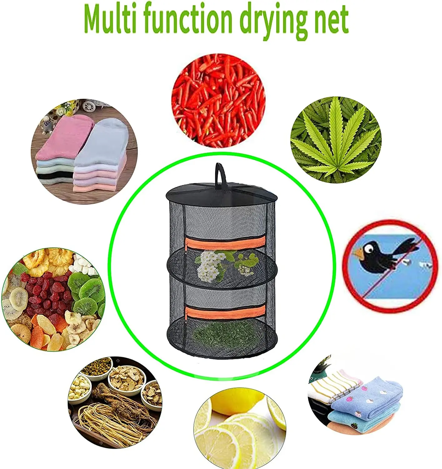 2/4/6/8 Layer 60cm Orange Zippers Garden Patio Household Closed Collapsible Mesh Hanging Herb Plant Drying Rack Dry Net