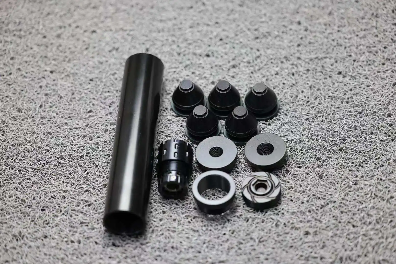 8'L 1.58' OD Stainless Steel Tube Fuel Filter Solvent Trap 1.375x24 + x5 Aluminum 7075 Spade Cone Cups Steel Recoil Booster