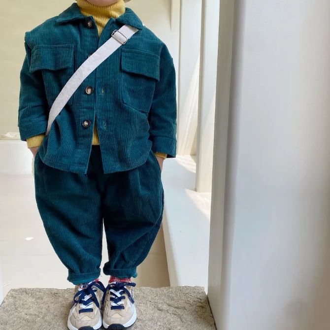 KS3804 Boys winter clothes plain boys jacket and pants 2021 kids fashion corduroy set
