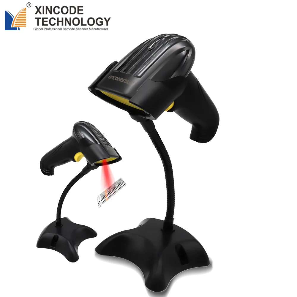 Xincode Supermarket Wired Bar Code Scanner with stand Handheld Barcode Reader USB 1D Inventory Barcode Scan Gun for Logistics