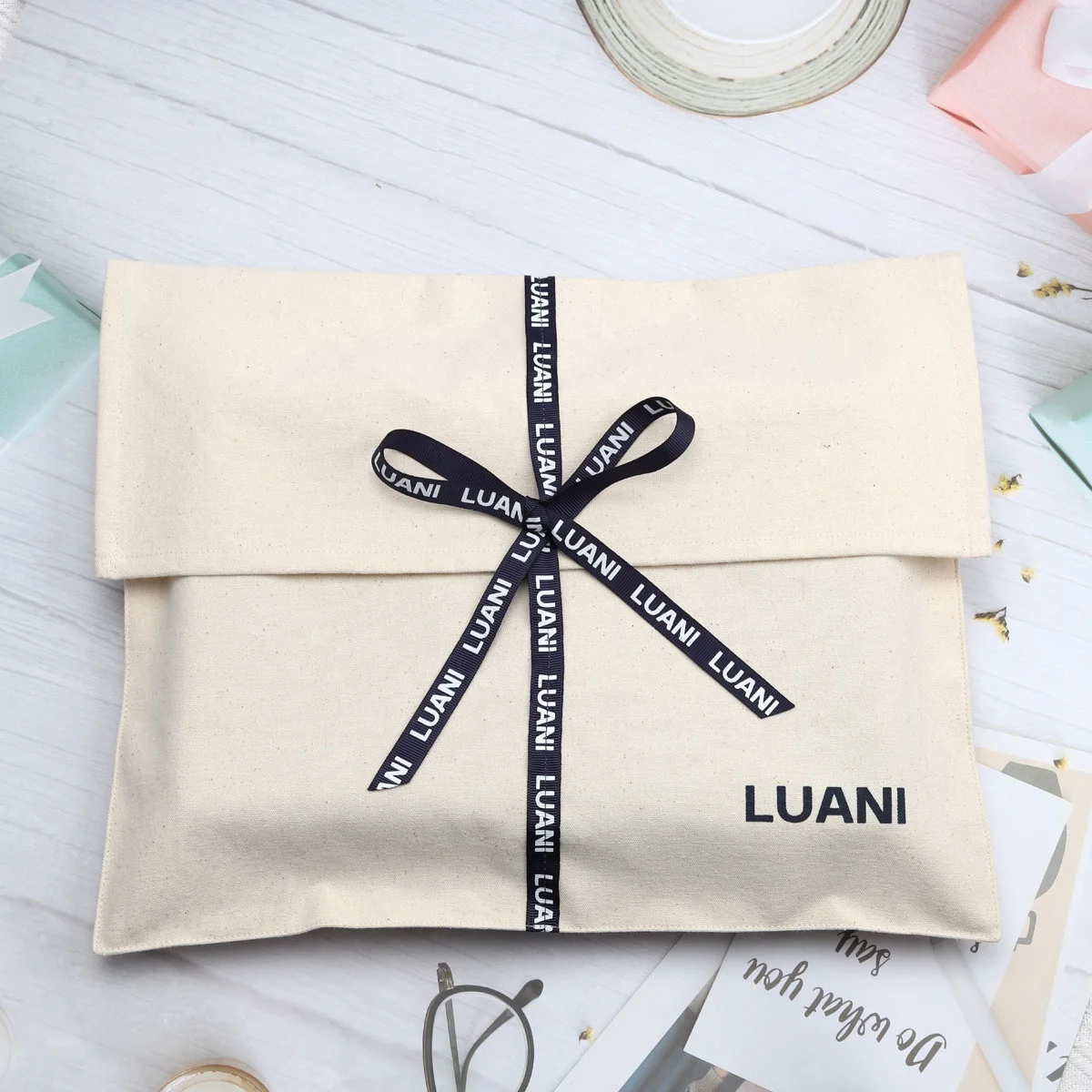 Custom Organic Cotton Canvas Envelope Bag With Ribbon Muslin Canvas Envelope Pouch Clothing Handbag Packaging Dust Bag