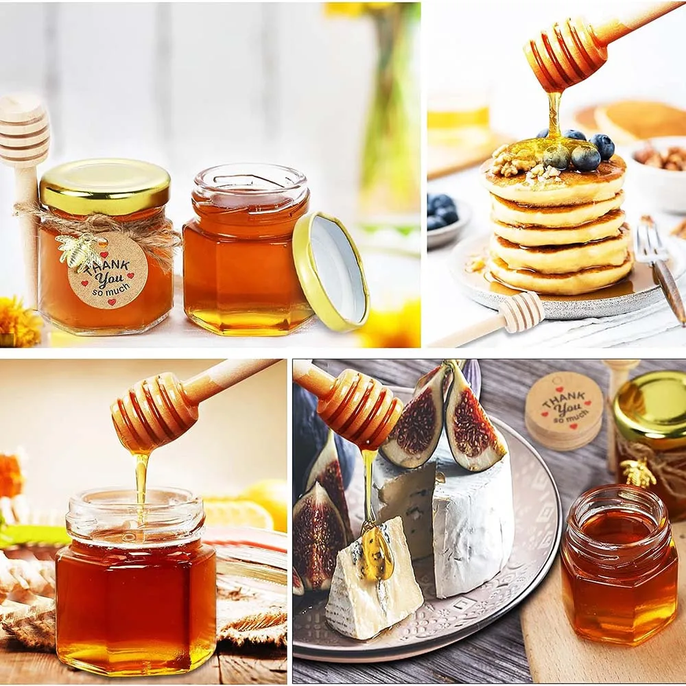 Hexagonal Mini Glass Jar For Honey With Wooden Dipper And Golden Metal Lids