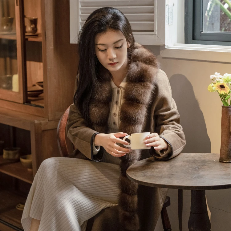 Custom Luxury Smooth Real Sable Fur Fleece Cashmere Dark Camel Loose Coat Ladies Long Fur Coat