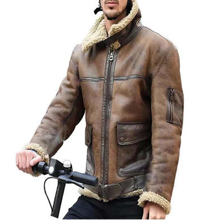 Hot Selling  Warm Sheepskin Filling  Men Winter Biker Style Vintage Fur Jacket Clothing Aviator Plus Size Leather Jacket
