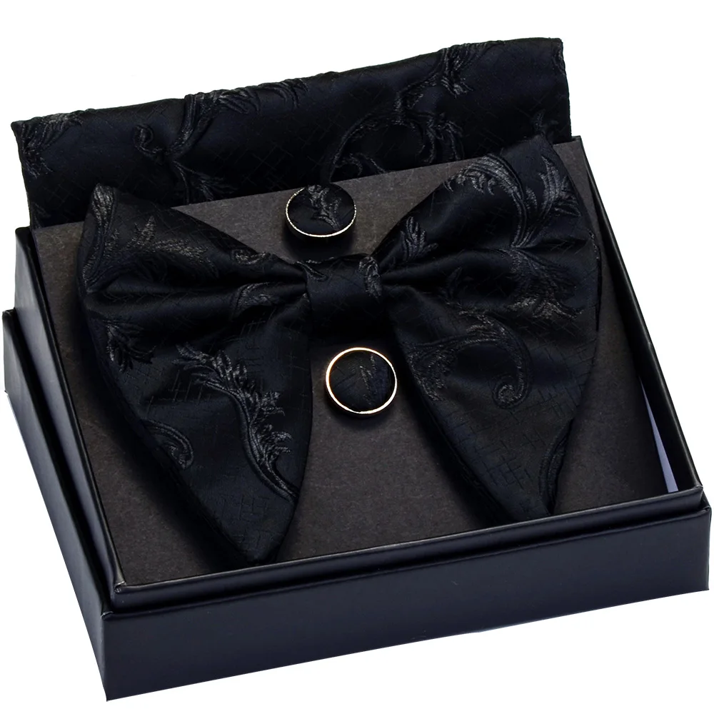 Fashion Silk Big Bowtie Handkerchief Cufflinks Set Bule Black Paisley Floral Jacquard Hanky Bow Ties for Men Business with Box