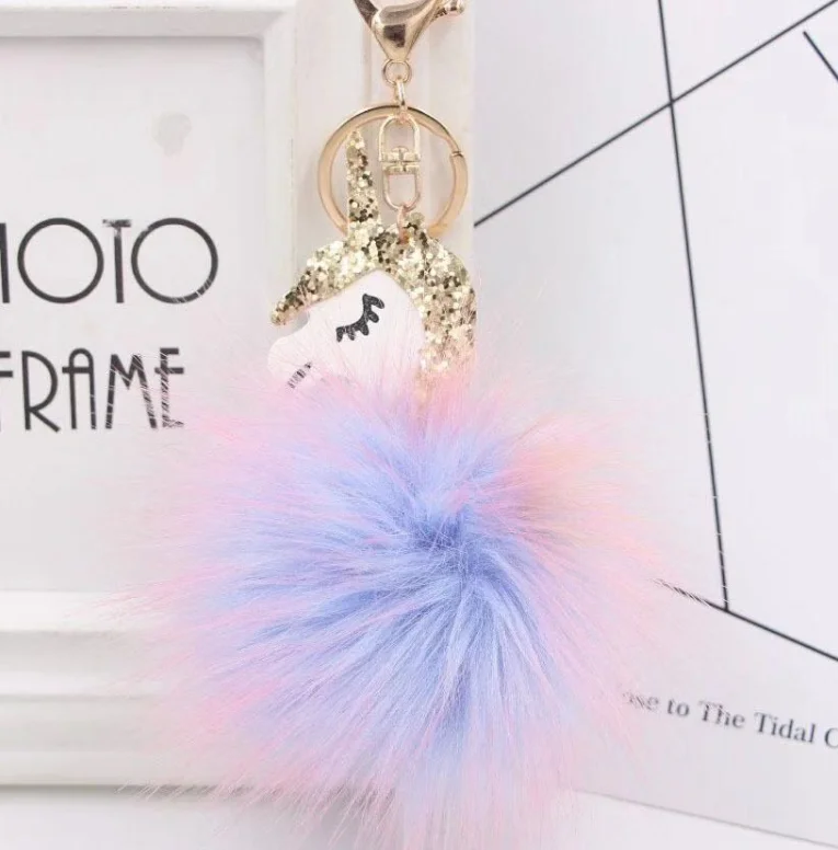 New furry unicorn puff ball artificial rabbit pink fur ball pom keychain