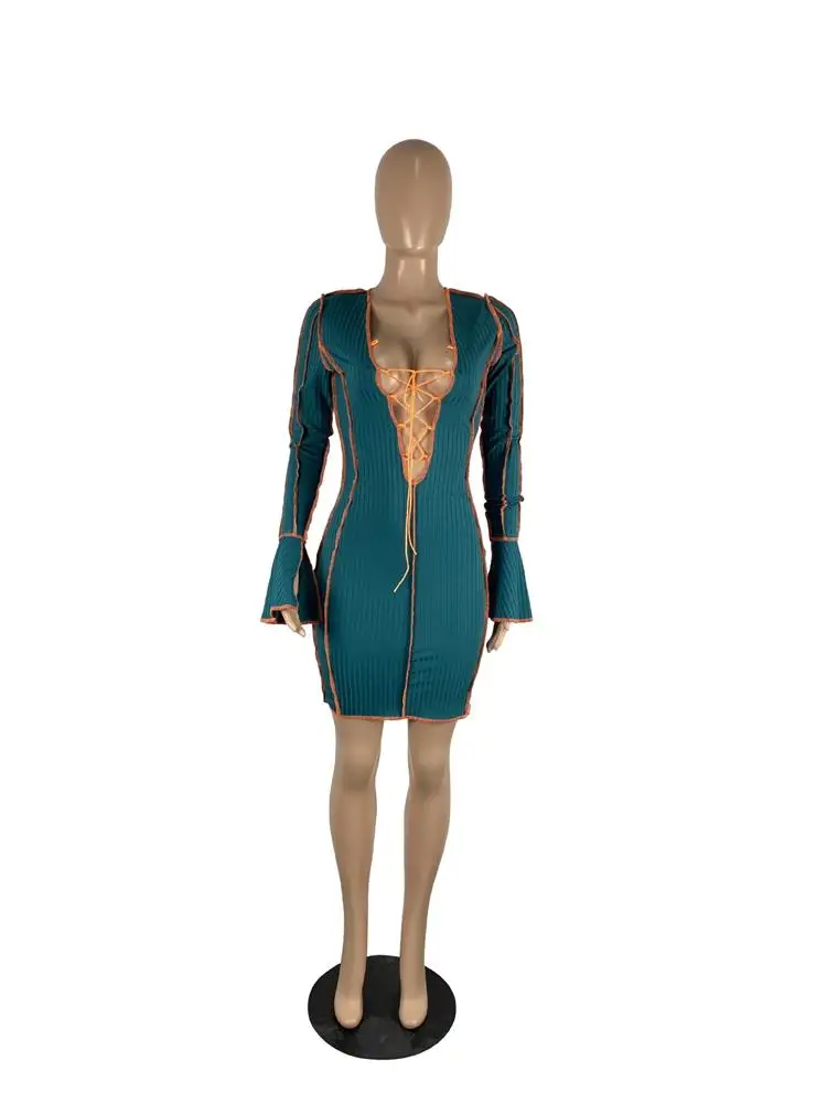 
Fashion Bodycon Dress Bandage Deep V Neck Long Flare Sleeve Sexy Club Wear Autumn Women Dresses 