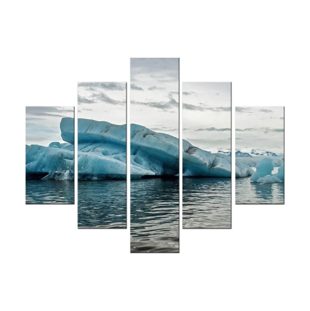 Nordic Home Decoration Pieces 5 Panels Ice Mountain Water Well Landscaping Art Print on Canvas with Frame