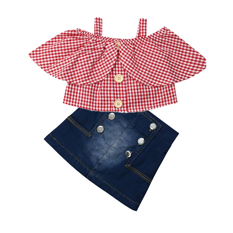 New Girl Clothing Suspenders Off Shoulder Plaid Top + Denim girls skirt 2 Piece Suit