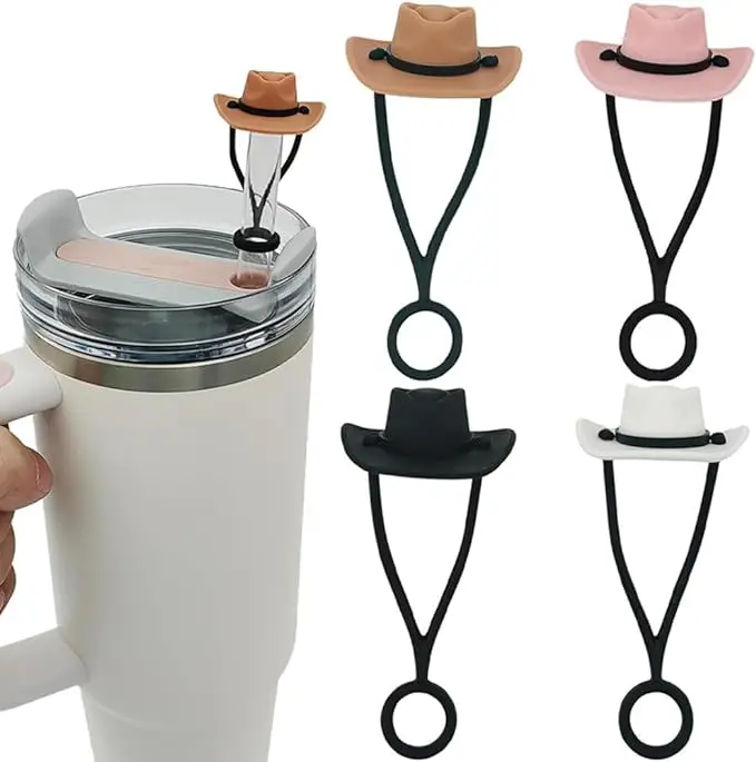 Silicone Straw Covers Caps Compatible for Tumbler Cup 30 40 oz 10mm Diameter Cowboy Hat Dust-Proof Straw Cap for Water Bottle