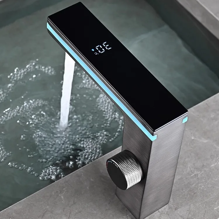 Automatic Digital Display Brass Basin Faucet Classic Design Deck Mounted Laundry Hot Cold Water Copper Sink Faucet Brushed