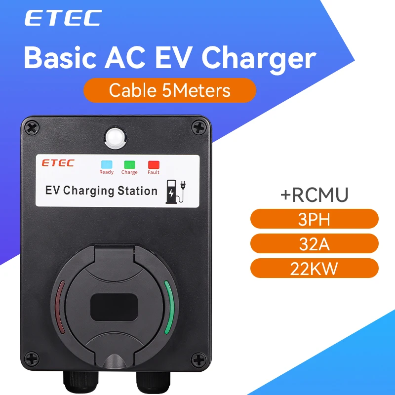 ETEC Ev Charger 32A 3-Phase Wallbox 22KW AC EV Wall-mounted Charging Station for Home Use with RCMU