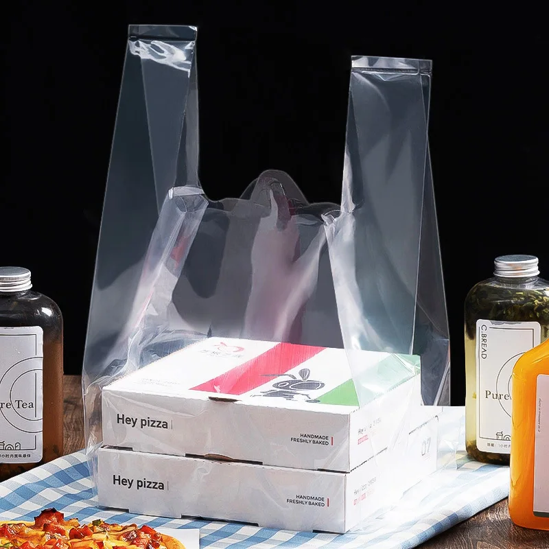 cheap poly square bottom side gusset plastic logo printing transparent delivery pizza takeout packing bags