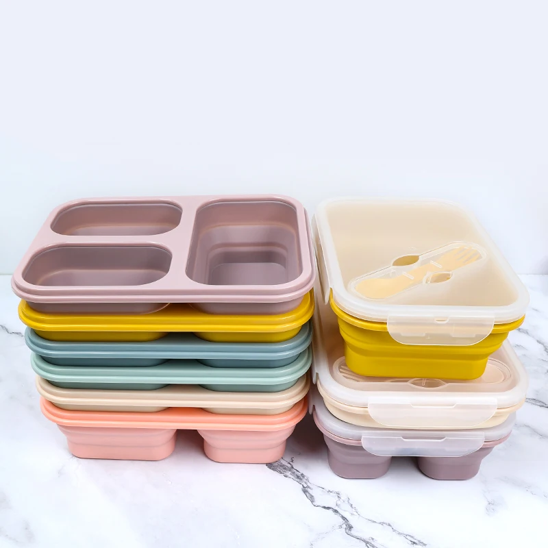 Insulated Portable Lunch Box Microwave Safe 3 Compartment Customized Silicone 1000ml Lunch Box