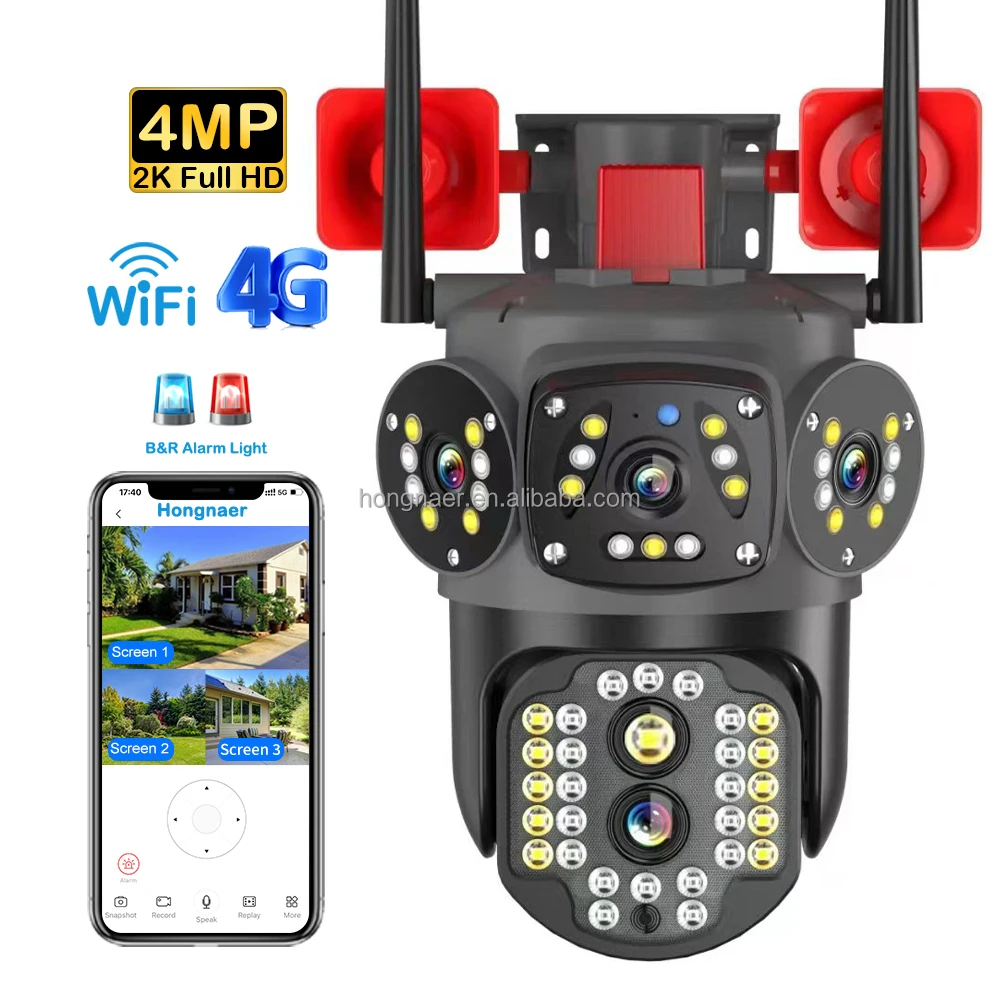 Hongnaer Loud Speaker 4K Wireless WiFi 4G LTE CCTV PTZ Outdoor Camera V380 Pro Dual Lens 4G Sim Card WiFi Security Camera