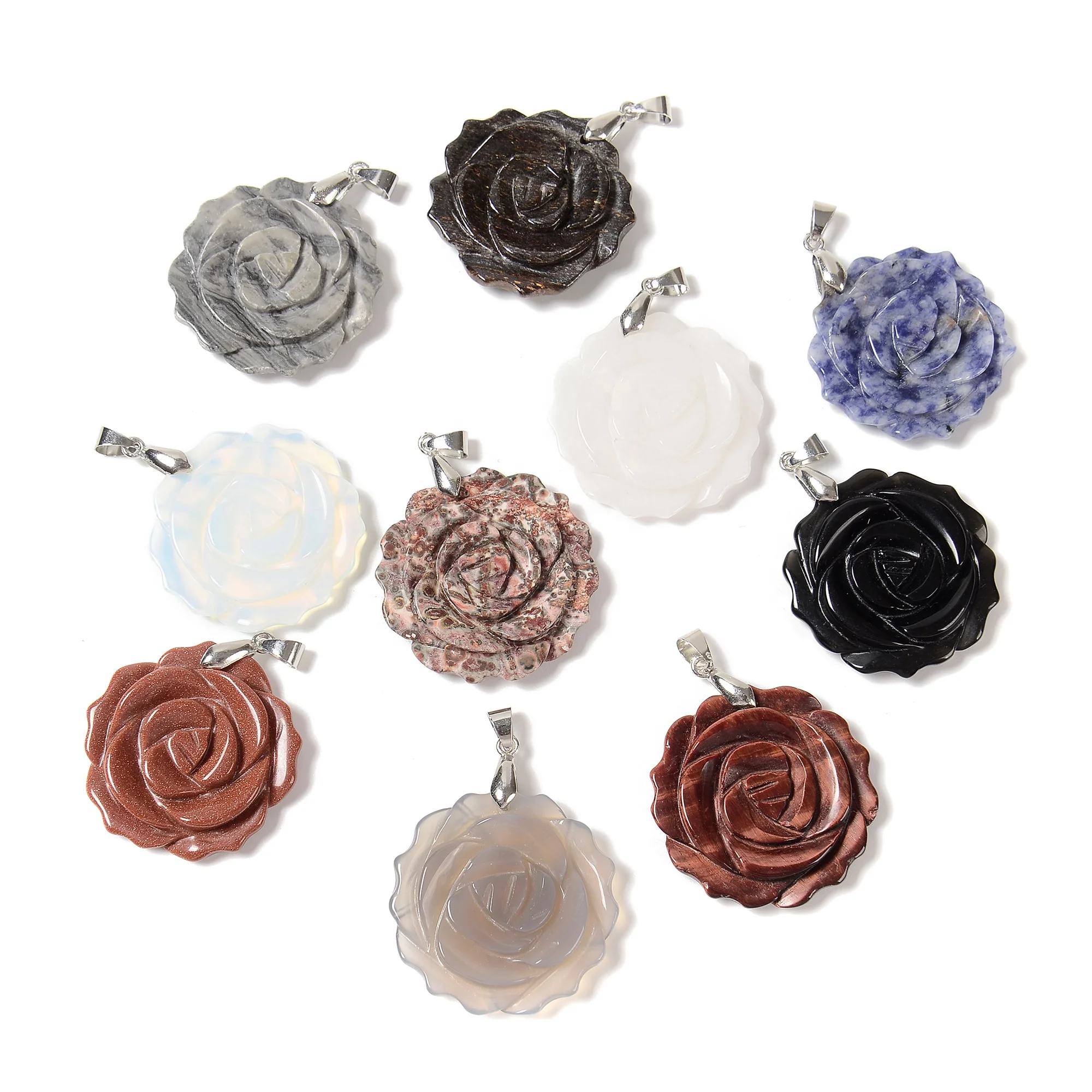 YMJ Vintage 25mm Real Jade Tiger Eye Big Carved Rose Flower-shape Charm Pendant Healing Stone Pendants for Necklace Jewelry Diy