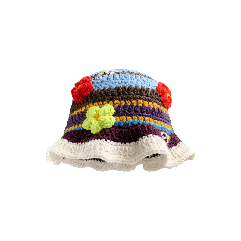 2023 Vintage hollow niche crochet hand 3-dimensional flower contrast plaid flower knitted fisherman hat