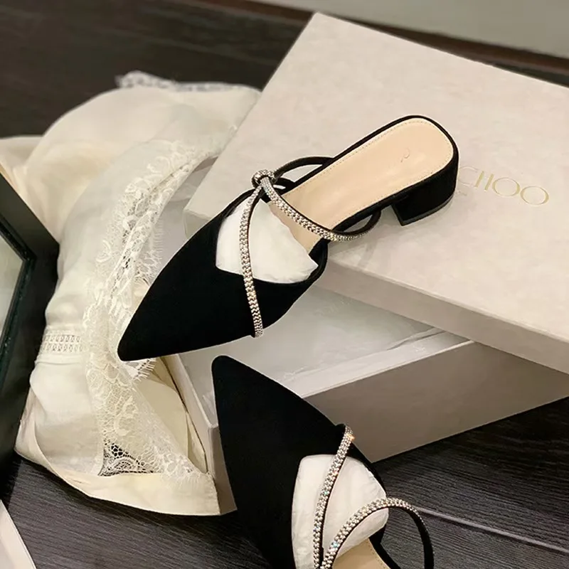 Grape mother with the new French elegant pointed sandals rhinestone thick heel high heel half sandals and slippers women.
