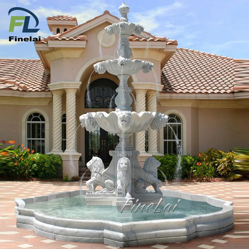 Hand Carved Large Outdoor Garden White Marble Pool 3 Tier Marble Water Fountain