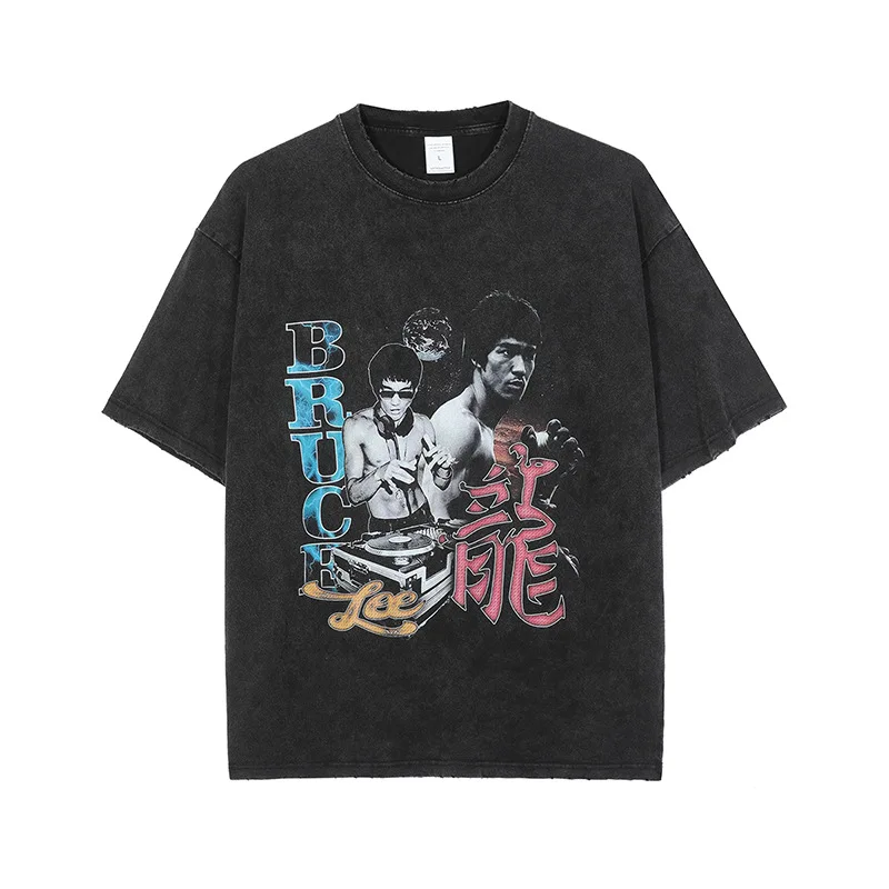 Bruce Lee High Quality and Low MOQ 100% Cotton T-Shirt DTG Printing 250GSM Washed Short Sleeve T Shirt
