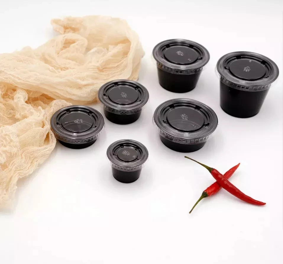 Factory Customizable Dressing Jello Soy Pudding Ketchup Containers Disposable Clear Black Mini PET Sauces Cups With Lids