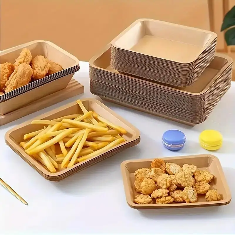 Factory customized kraft paper food trays, disposable kraft paper trays, oil resistant and waterproof fast food paper trays