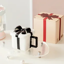 Creative Square Ceramic Mugs With Handle 400Ml Large Capacity Bowknot Gift Box Shaped Ceramic Mugs With Lids