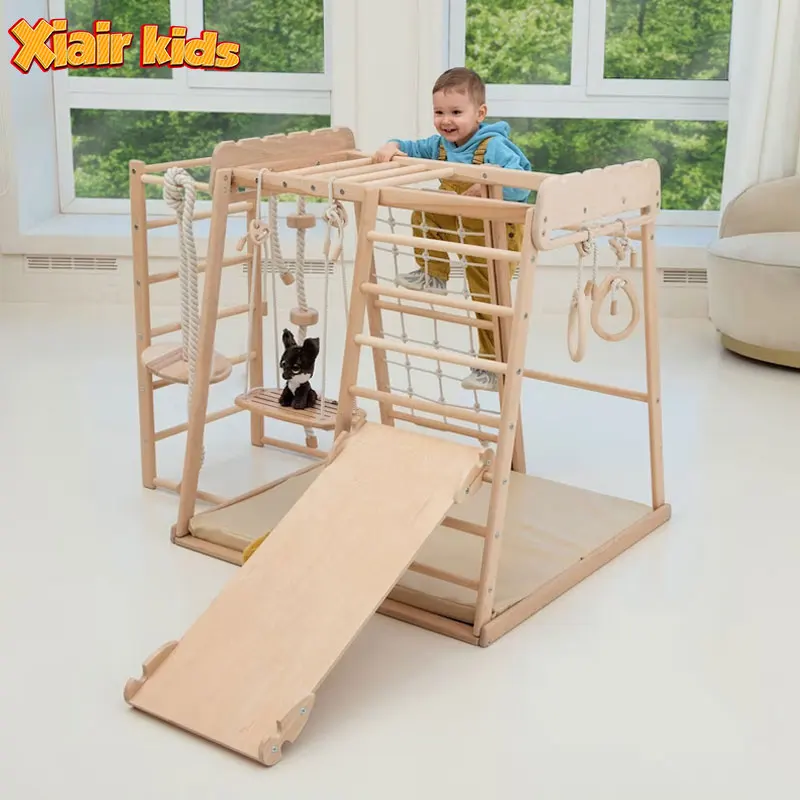 Xiair Montessori Square Climb Frame For Toddlers GYM Children Indoor Folding Rainbow Wooden Pickler Climbing Frame With Ramp